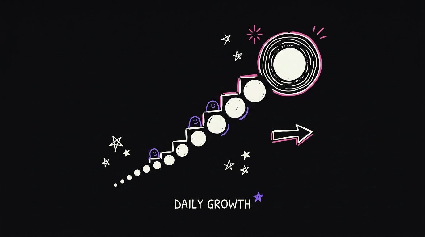 A staircase of dots growing from small at the bottom to one large glowing dot at the top