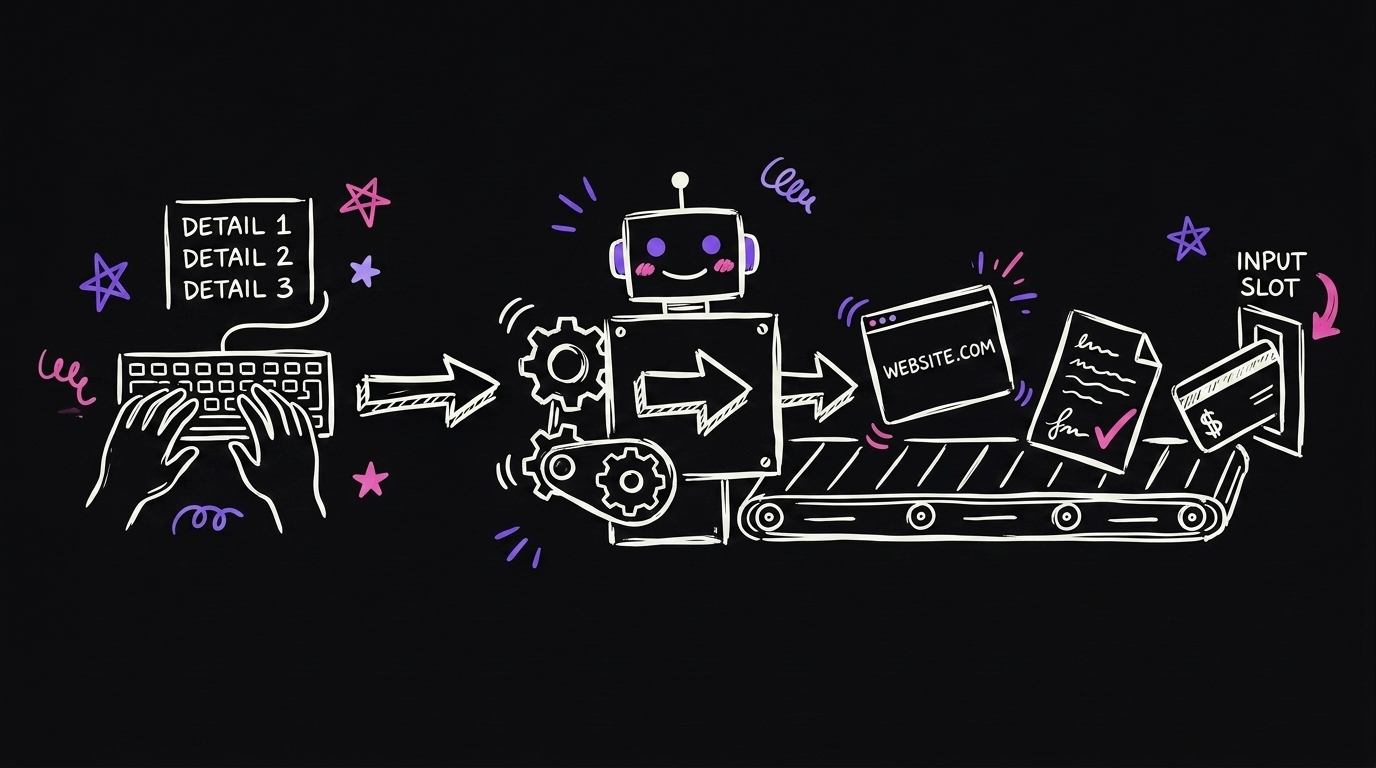 A small machine: a few details in, out comes a live link, a signed paper, and a payment