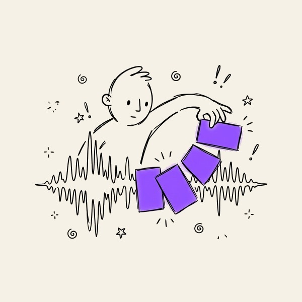 A person pulling four labelled cards out of an audio waveform