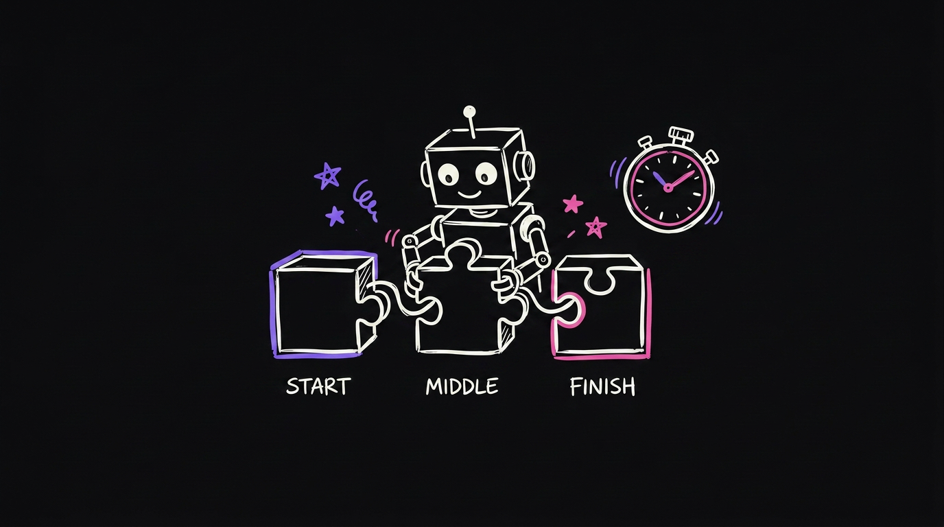 Two building blocks slotting together, one labelled with an automation icon and one with an AI icon, forming a working pipeline